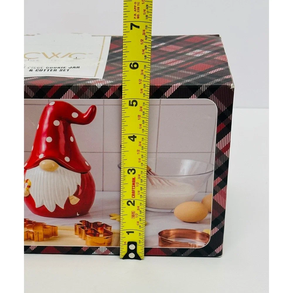 CWC Cook With Color Red White 6 Piece Holiday Gnome Cookie Jar & Cutter Set New